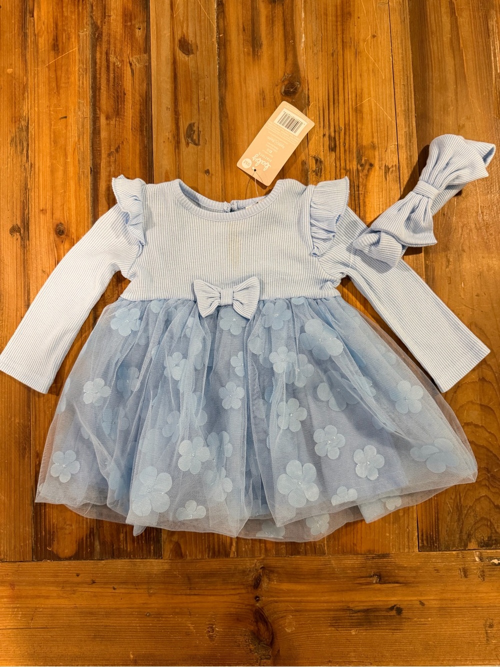 NWT Baby Starters Light Blue Ribbed Floral Tulle Dress & Headband Set 9M
